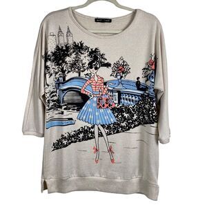 Mesh + Lace New York Graphic Oversized Sweater Studded Cream Size M